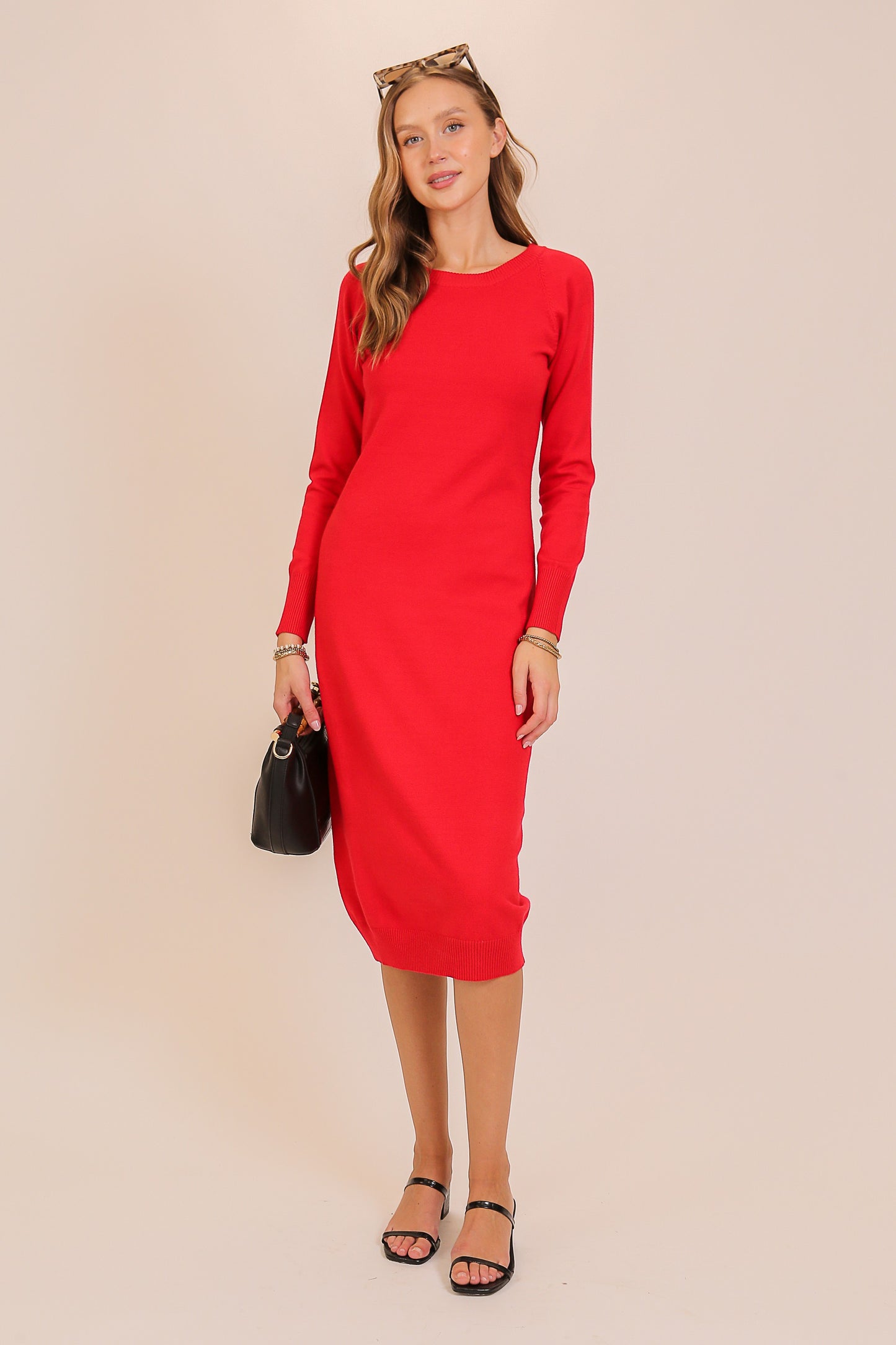 Cutout Shoulder Knit Long Sleeve Midi Dress