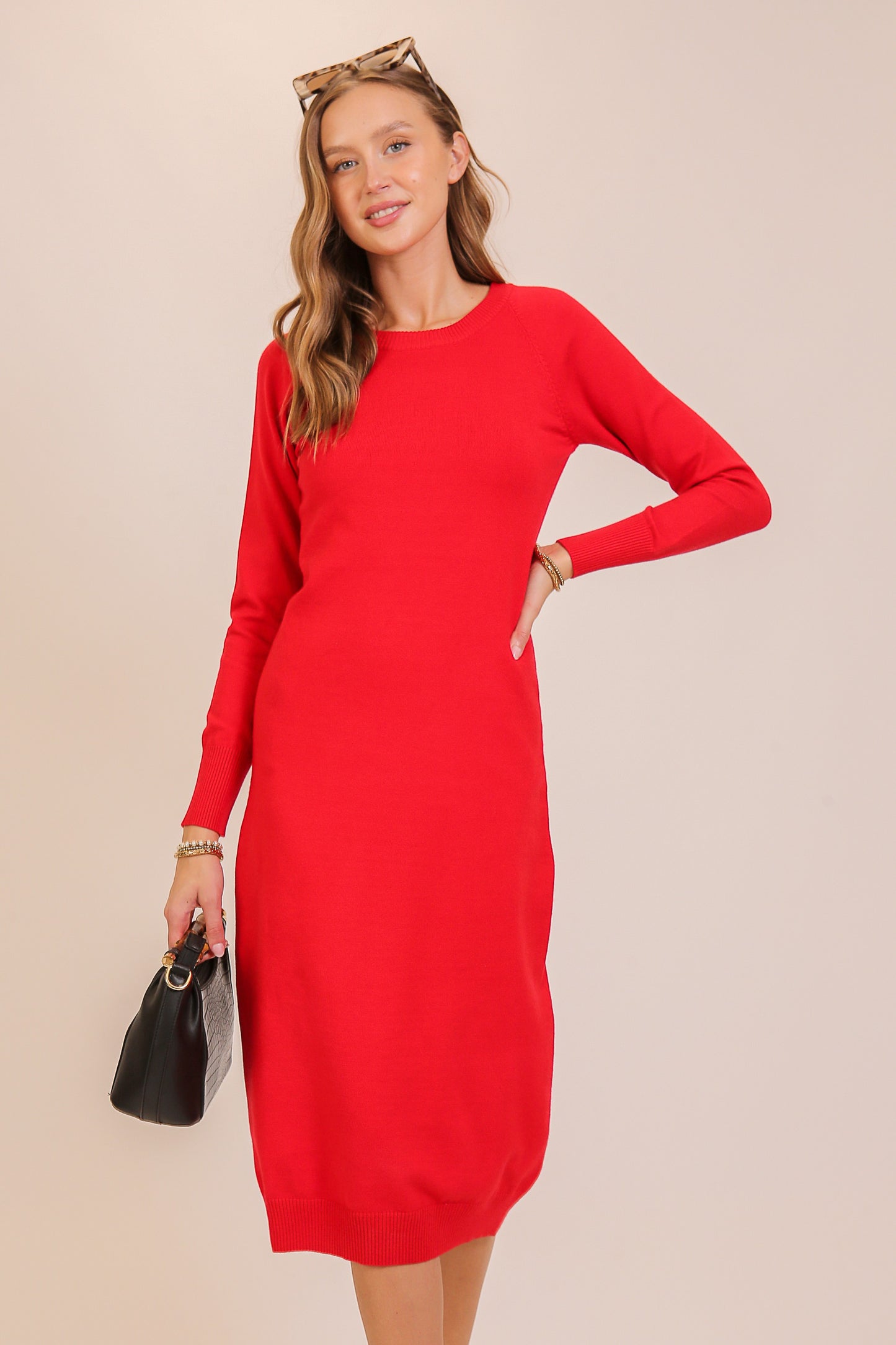 Cutout Shoulder Knit Long Sleeve Midi Dress