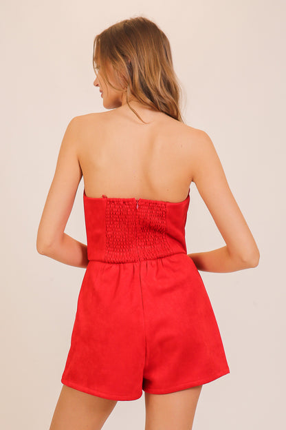 strapless suede bustier romper