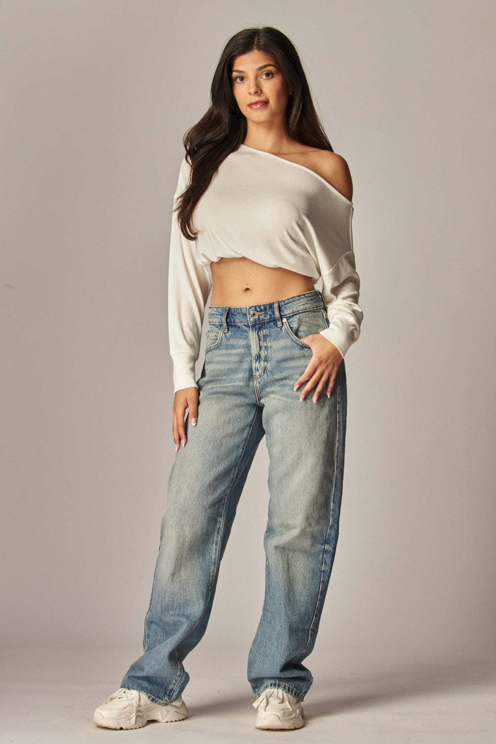 Soft Ribbed Knit Off Shoulder Long Sleeve Top