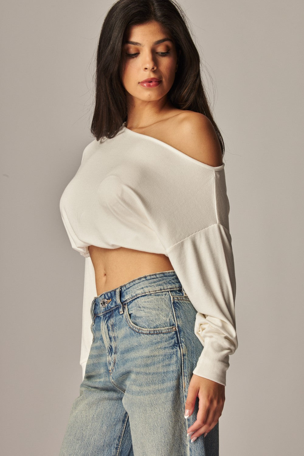 Soft Ribbed Knit Off Shoulder Long Sleeve Top