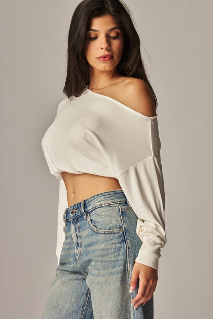 Soft Ribbed Knit Off Shoulder Long Sleeve Top