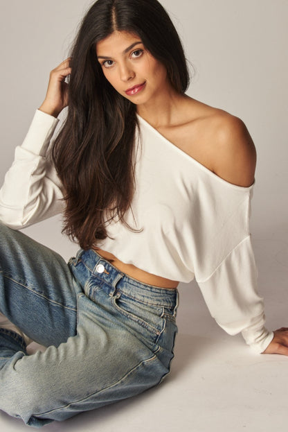 Soft Ribbed Knit Off Shoulder Long Sleeve Top