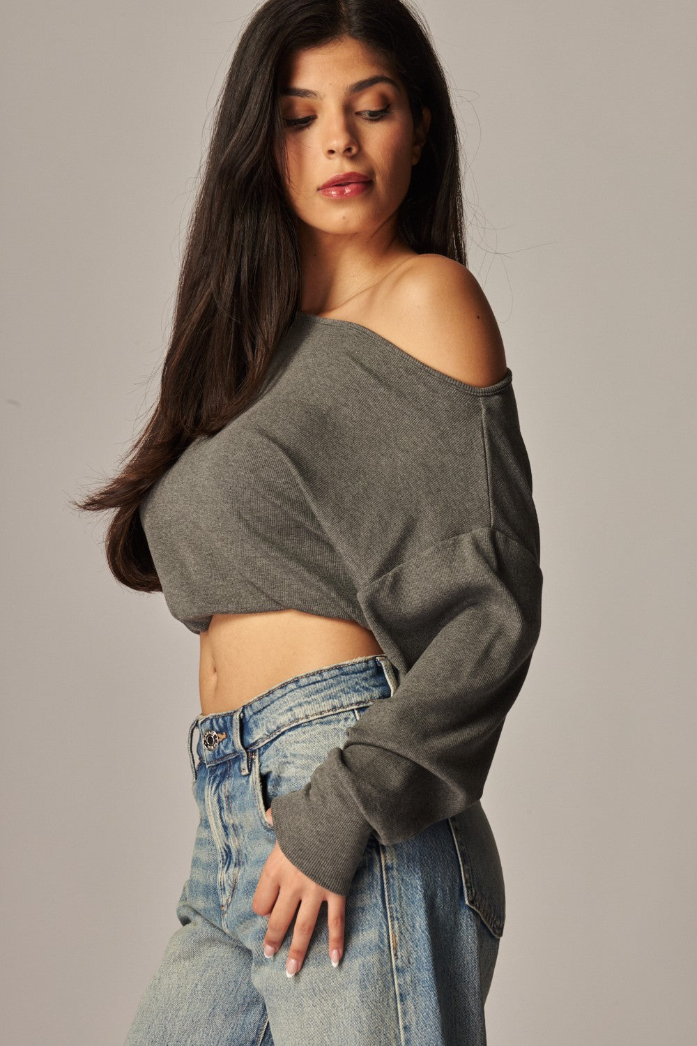Soft Ribbed Knit Off Shoulder Long Sleeve Top