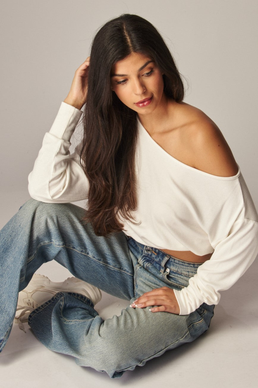 Soft Ribbed Knit Off Shoulder Long Sleeve Top
