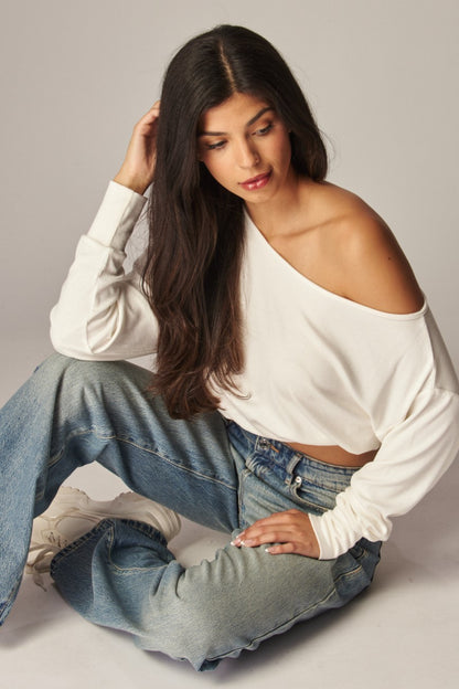 Soft Ribbed Knit Off Shoulder Long Sleeve Top