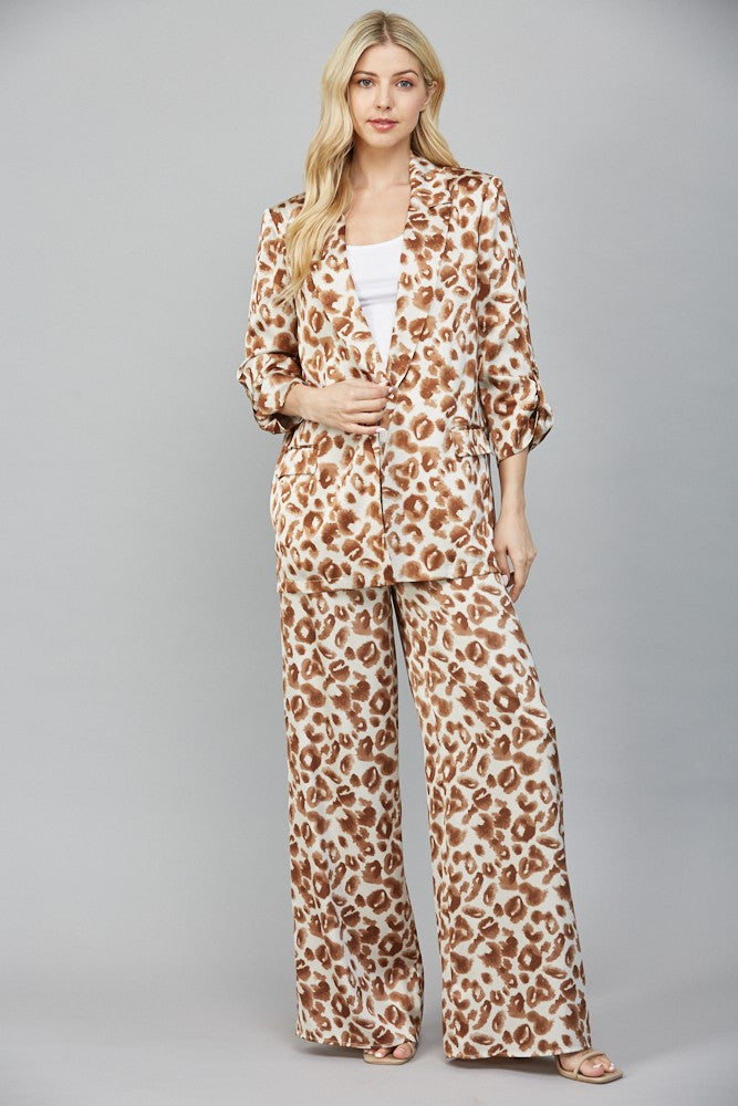 Animal Print Satin Tab Sleeve Blazer