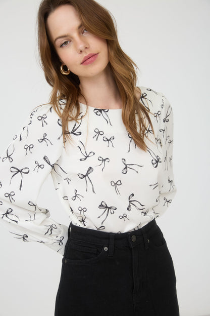 Bow Pattern Round Neck Long Sleeve Blouse