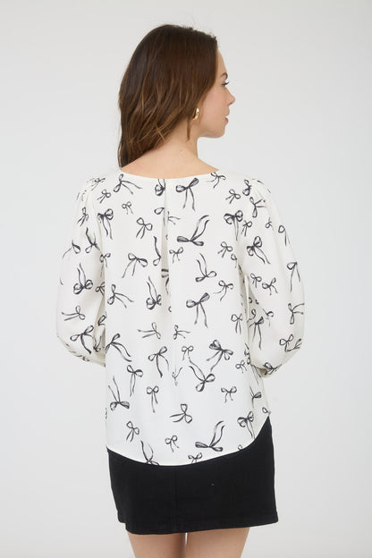 Bow Pattern Round Neck Long Sleeve Blouse