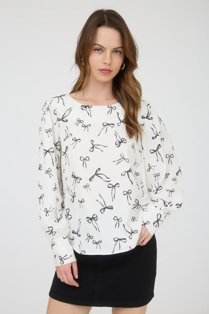Bow Pattern Round Neck Long Sleeve Blouse