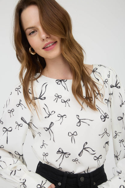 Bow Pattern Round Neck Long Sleeve Blouse