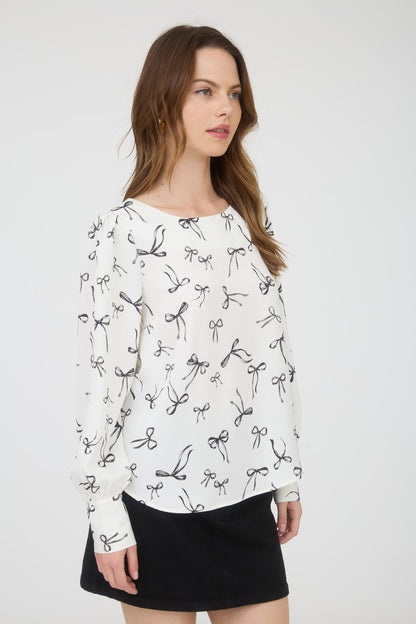 Bow Pattern Round Neck Long Sleeve Blouse