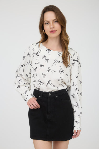 Bow Pattern Round Neck Long Sleeve Blouse
