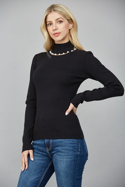 pearl trim turtleneck sweater