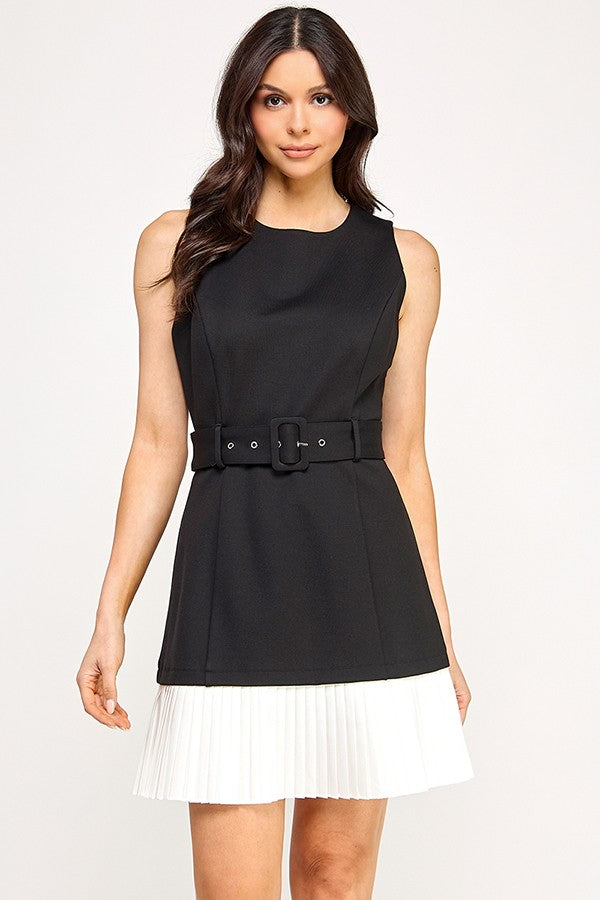sleeveless belted pleat hem dress