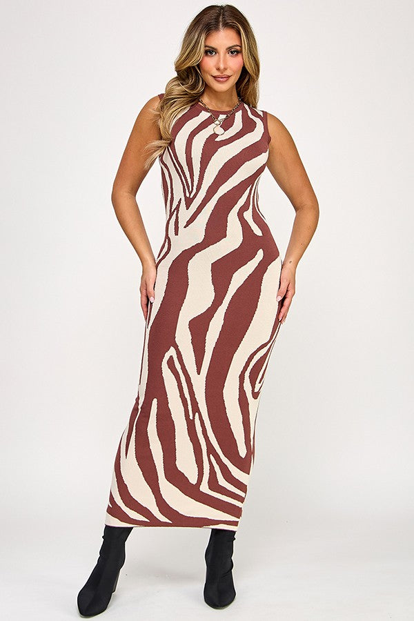 Sleeveless Zebra Pattern Midi Fitted Dress