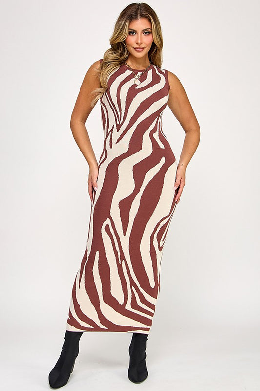Sleeveless Zebra Pattern Midi Fitted Dress
