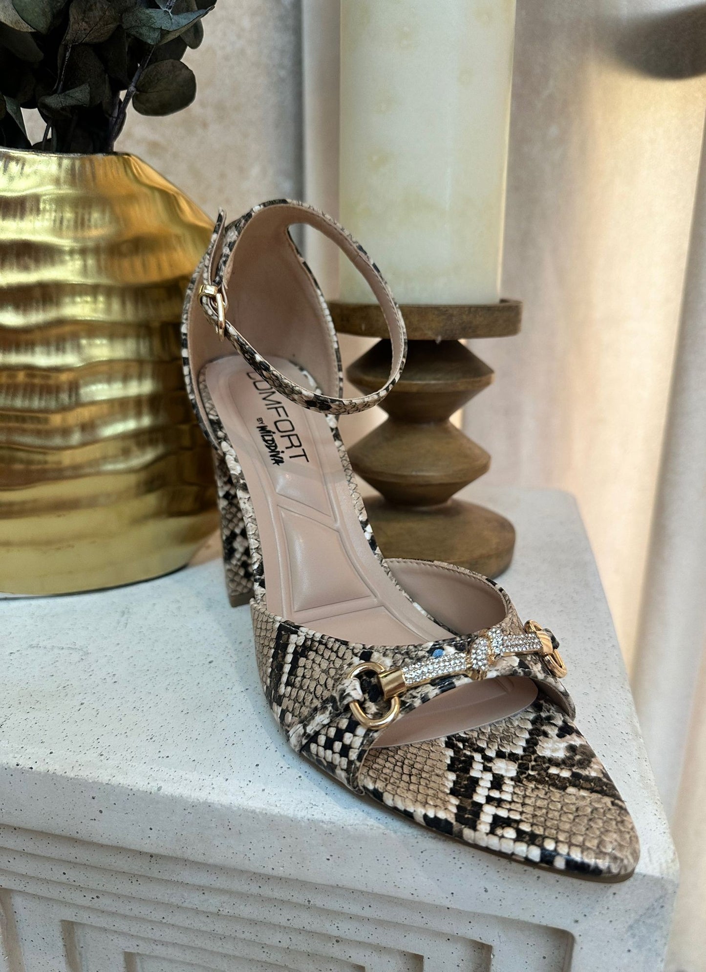 snakeskin block heel shoe