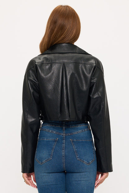 Pebbled Faux Leather Cropped Moto Jacket