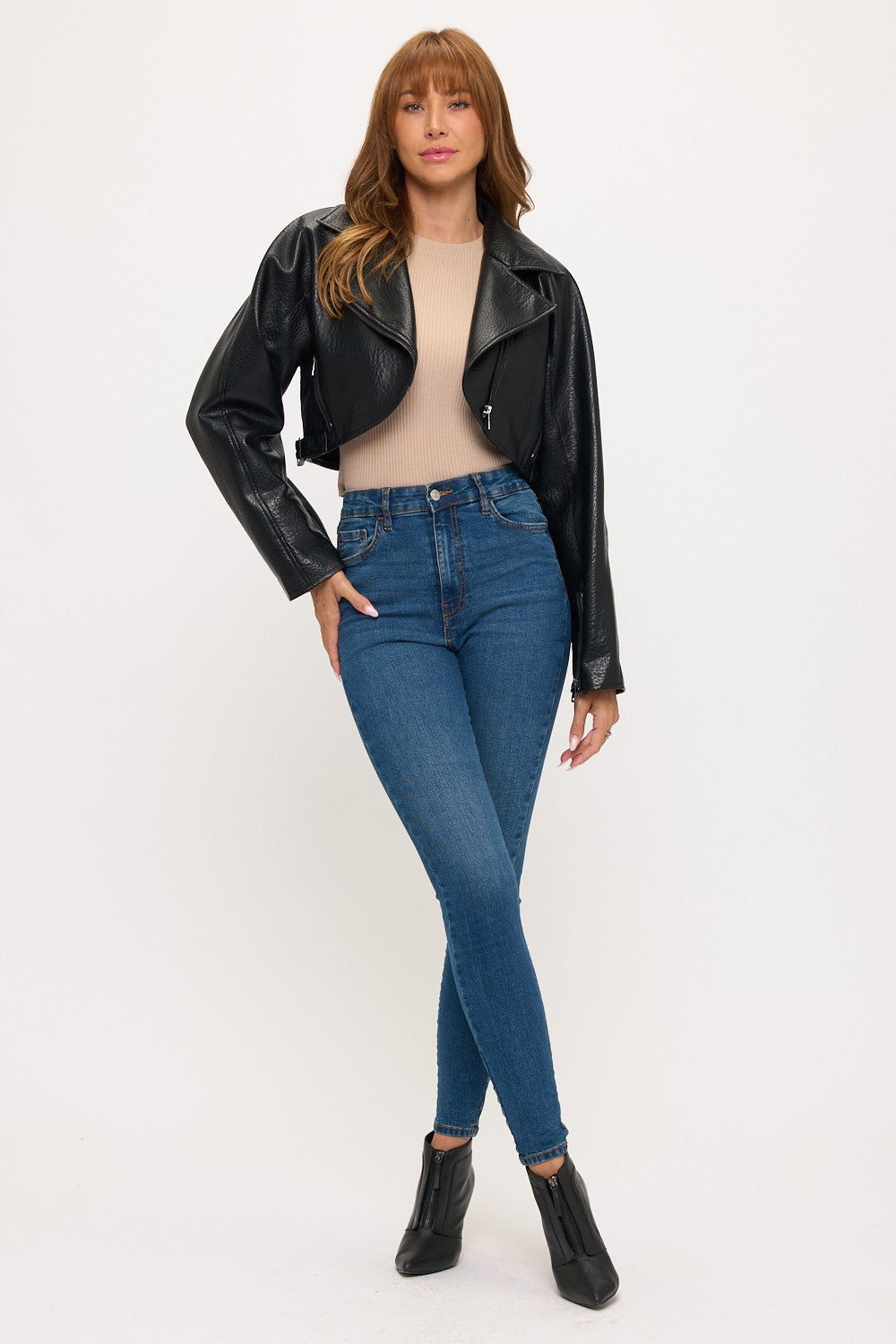 Pebbled Faux Leather Cropped Moto Jacket