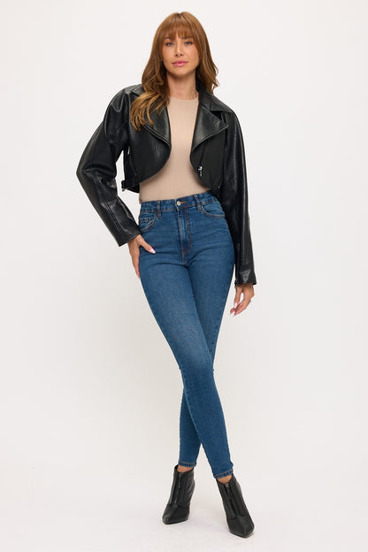 Pebbled Faux Leather Cropped Moto Jacket