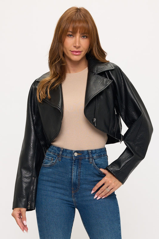Pebbled Faux Leather Cropped Moto Jacket