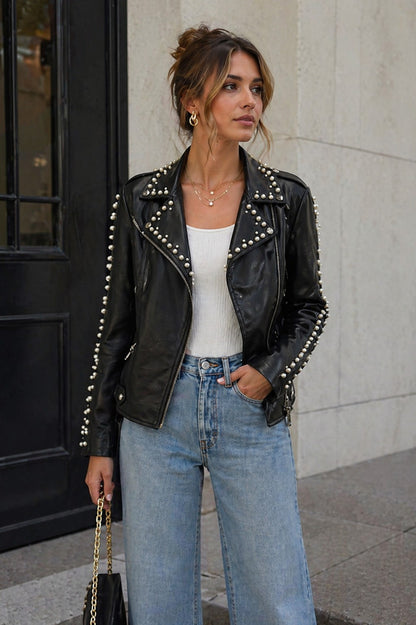 Faux Lamb Leather Pearl Studded Moto Jacket