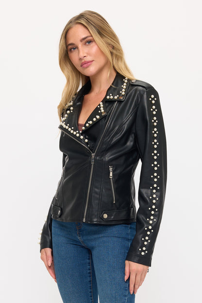 Faux Lamb Leather Pearl Studded Moto Jacket