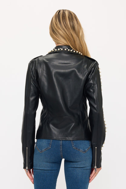 Faux Lamb Leather Pearl Studded Moto Jacket