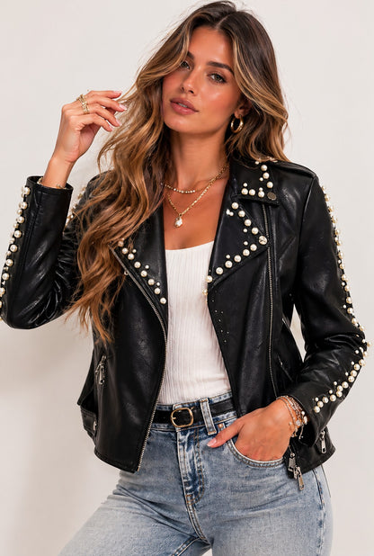 Faux Lamb Leather Pearl Studded Moto Jacket