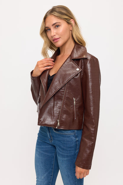 Snakeskin faux leather moto jacket