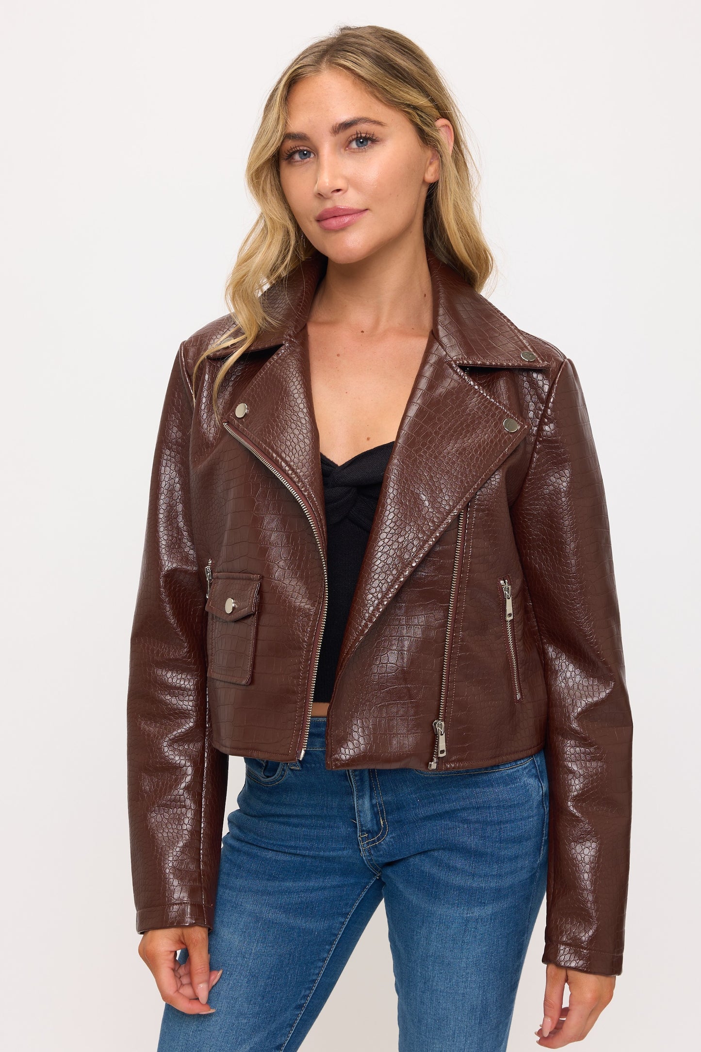 Snakeskin faux leather moto jacket