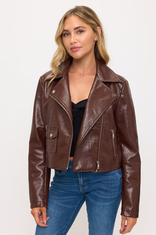 Snakeskin faux leather moto jacket