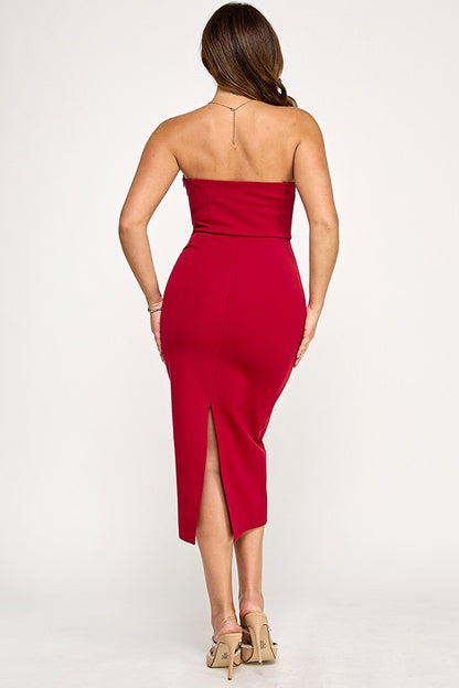 strapless bow front midi dress Strapless Bow-Front Midi Dress