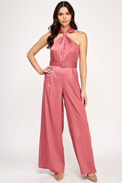 satin collared belted jumpsuit
