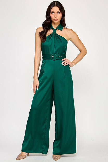 satin collared belted jumpsuit