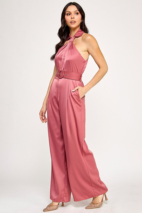 satin collared belted jumpsuit