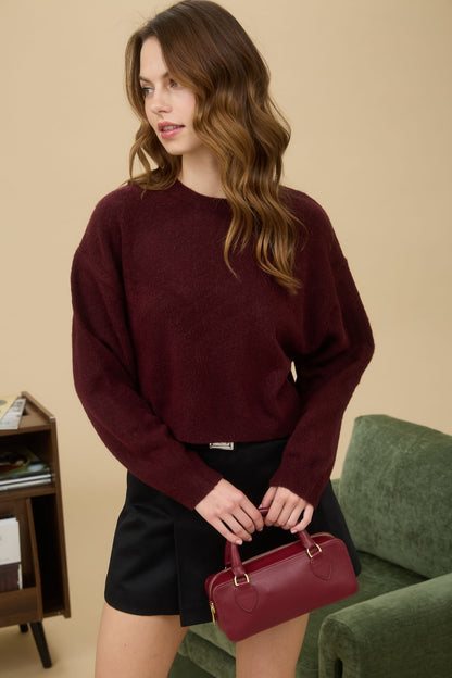 Crew Neck Long Sleeve Cropped Pullover Sweater