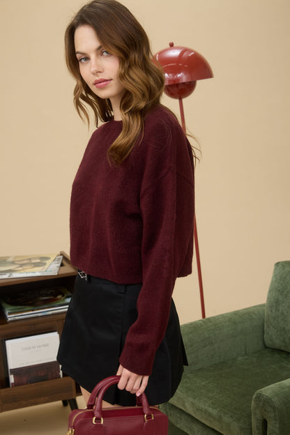 Crew Neck Long Sleeve Cropped Pullover Sweater