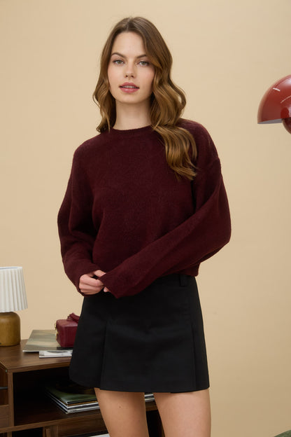 Crew Neck Long Sleeve Cropped Pullover Sweater