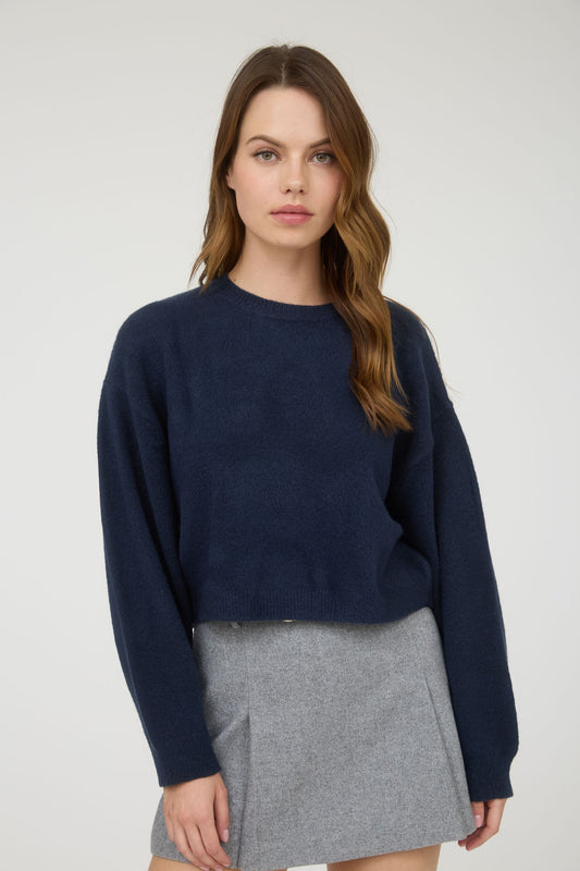 Crew Neck Long Sleeve Cropped Pullover Sweater