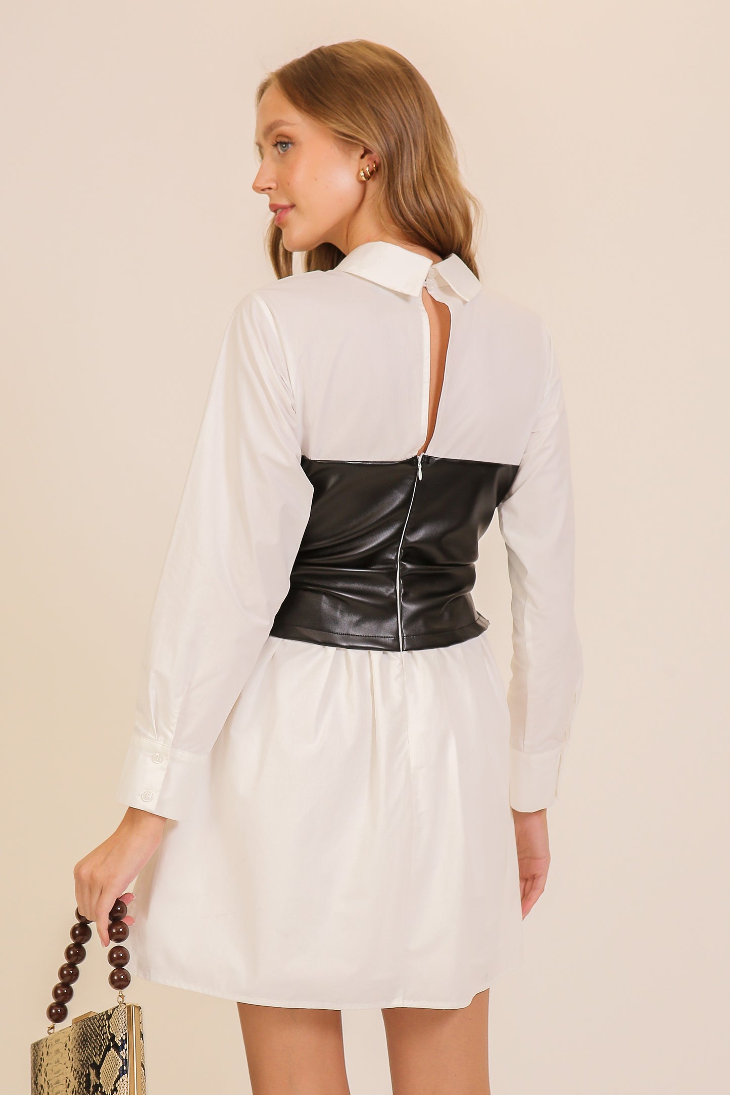 Two-in-one Faux Leather Corset Shirt Dress White / Small Two-in-one Faux Leather Corset Shirt Dress White / Small