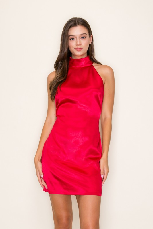 Satin open back high neck sleeveless dress