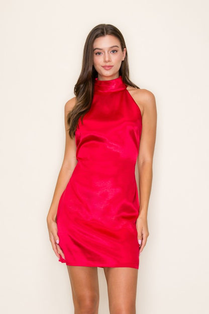 Satin open back high neck sleeveless dress