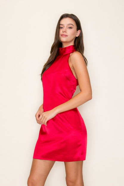 Satin open back high neck sleeveless dress