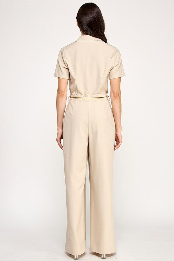 Short Sleeve Collar Gold Belted Detail Jumpsuit