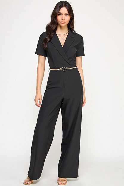 Short Sleeve Collar Gold Belted Detail Jumpsuit