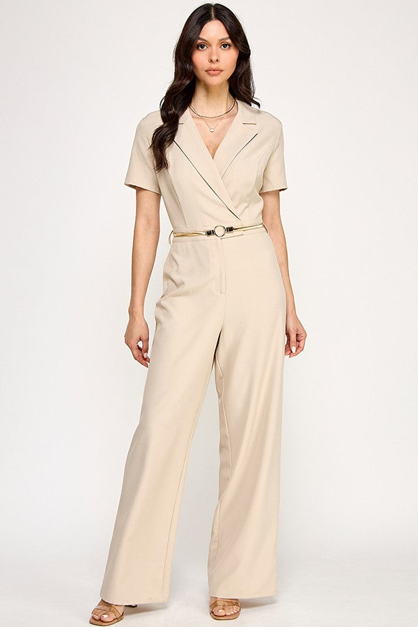 Short Sleeve Collar Gold Belted Detail Jumpsuit