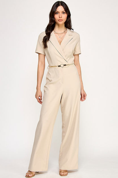 Short Sleeve Collar Gold Belted Detail Jumpsuit