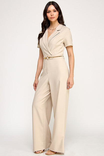 Short Sleeve Collar Gold Belted Detail Jumpsuit